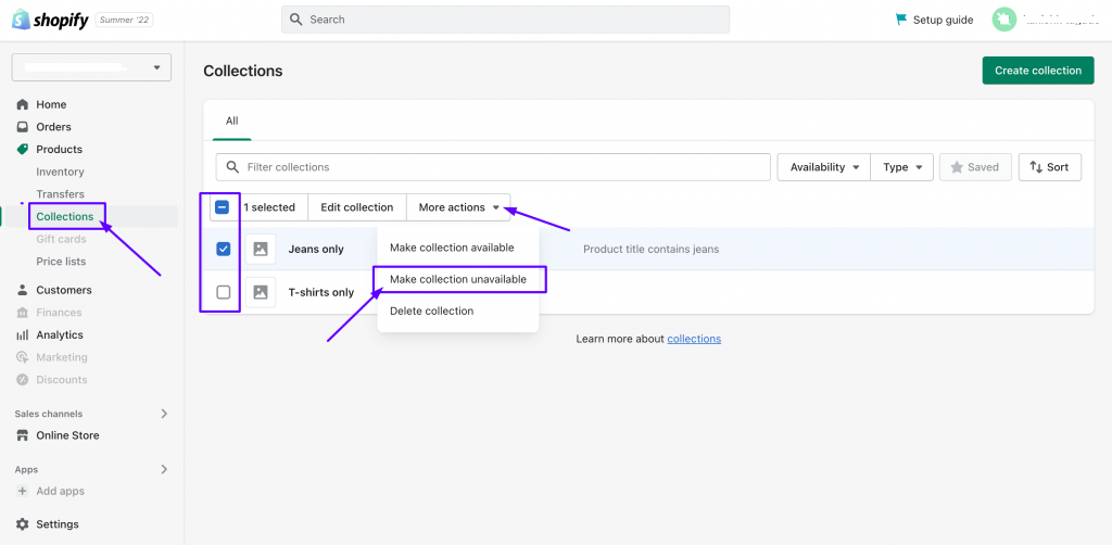 Steps to hide collection(s) in Shopify