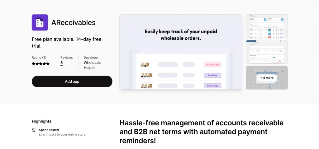 AReceivables app in Shopify app store -wholesale invoicing and payment reminders on Shopify