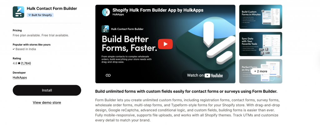 Hulk Contact Form Builder app for forms in shopify