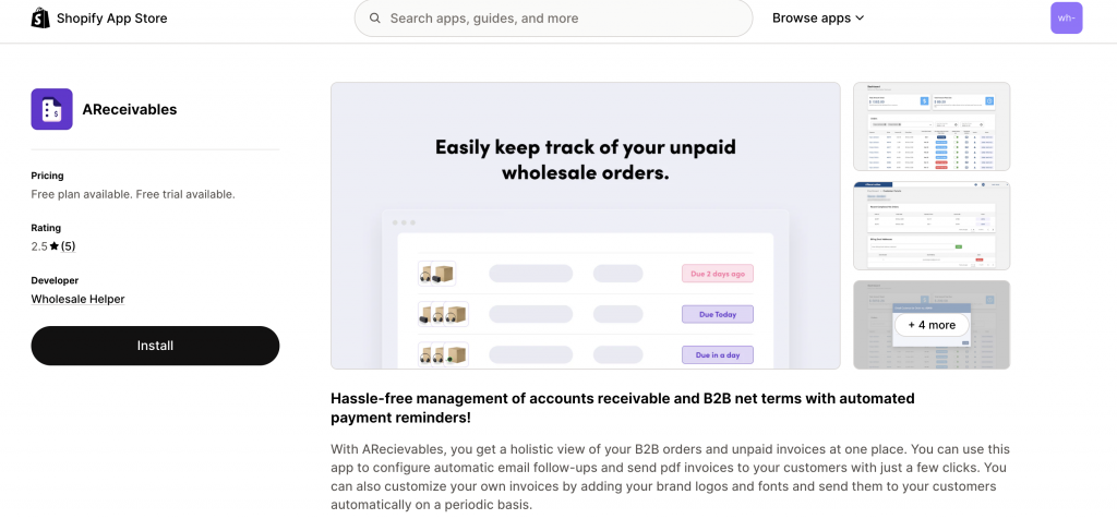 AReceivables Shopify app for Automating Wholesale Invoicing and Payment Reminders On Shopify Store 
