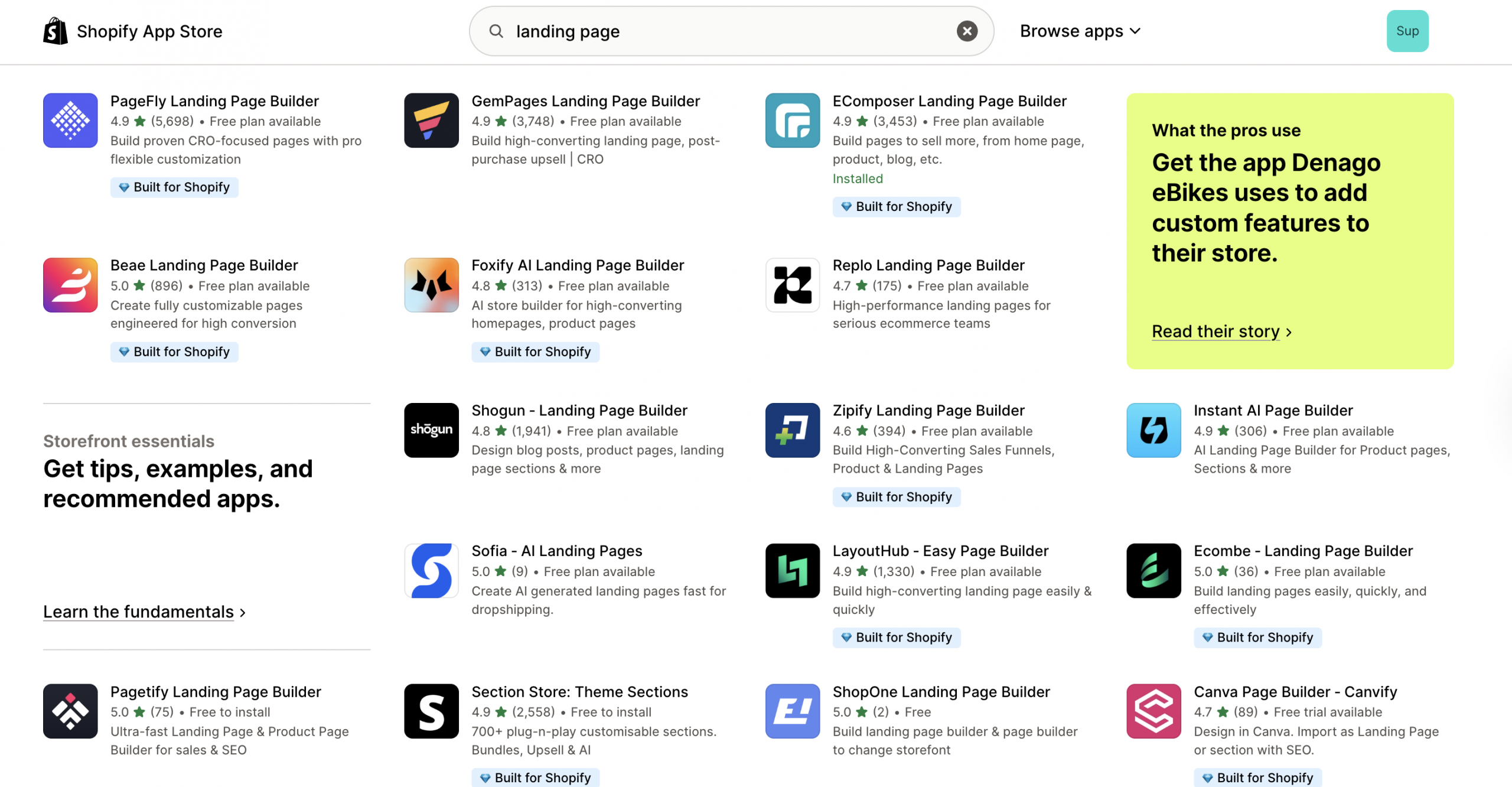 landing page shopify app store