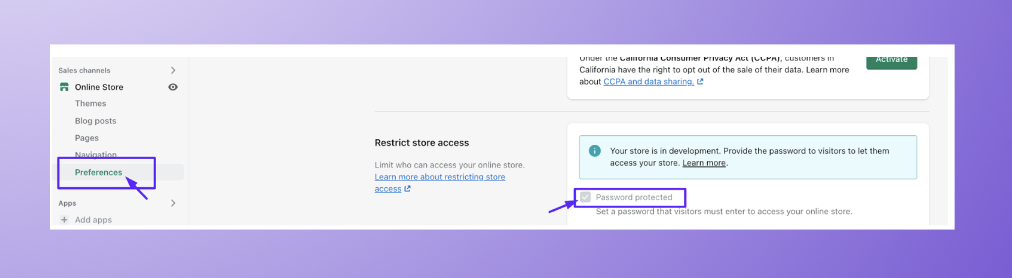Step 4: Password protect Shopify store option in Shopify admin