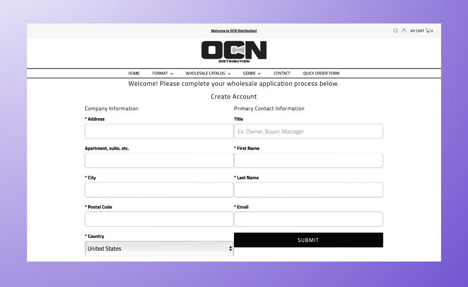 screenshot of OCN Distribution Shopify wholesale sign up