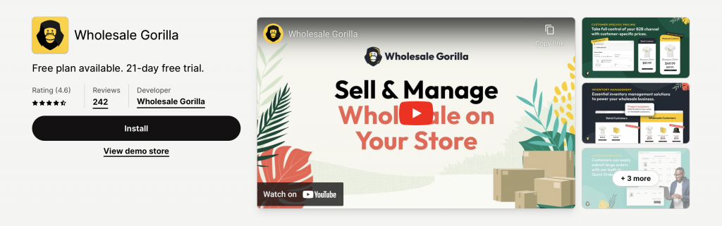 Wholesale Gorilla app in Shopify app store