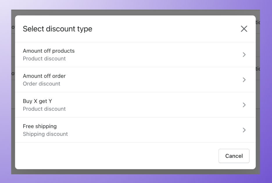 Types of discount in Shopify Admin