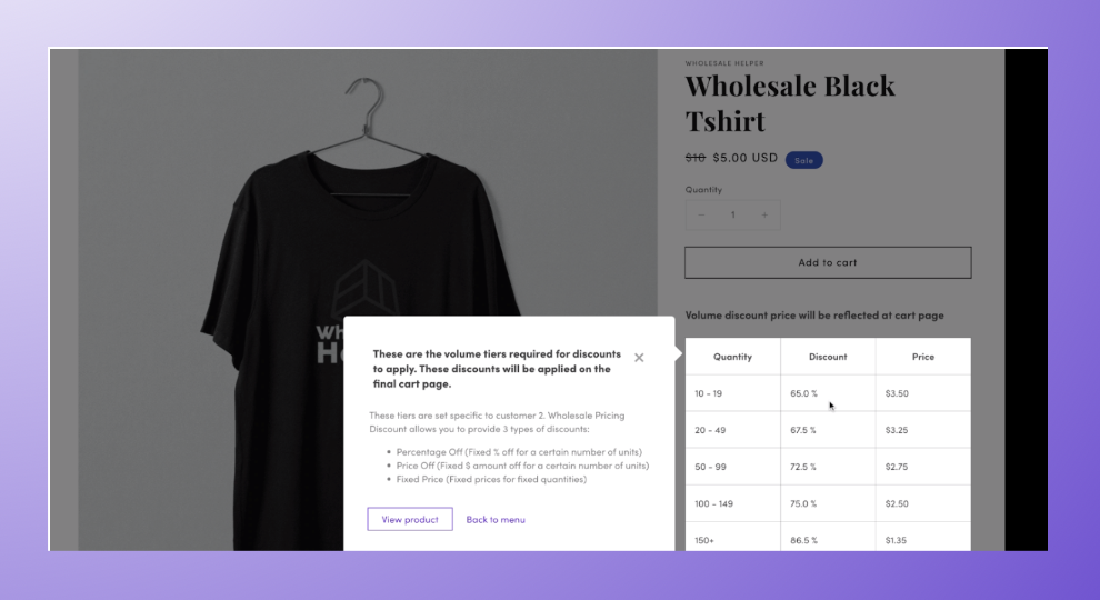 Volume Discount table on a product page in Shopify store