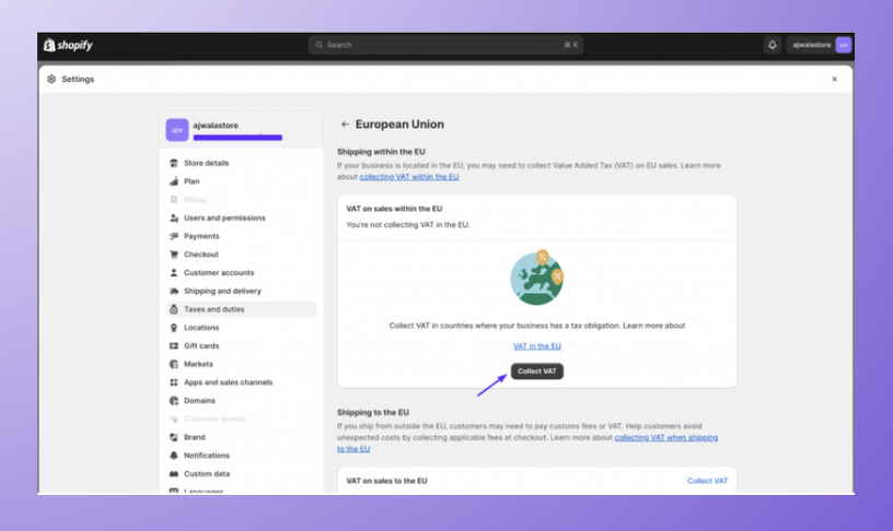 Collect VAT settings for EU i Shopify dashboard