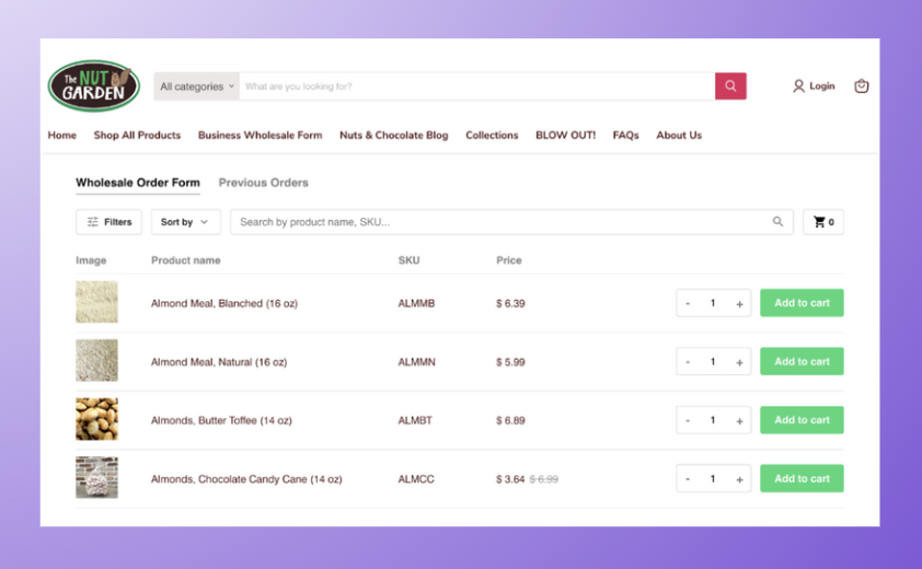 example of a shopify store having a bulk order form