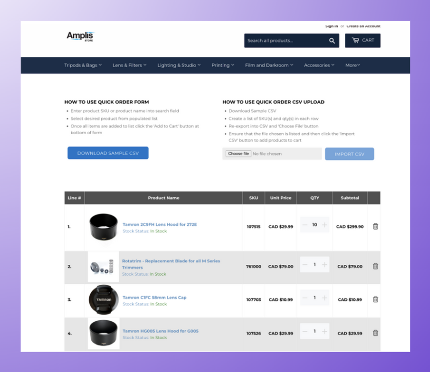 example of a shopify store having a bulk order form