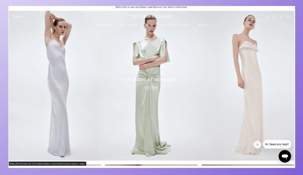 Victoria Beckham's website is another great example of shopify website