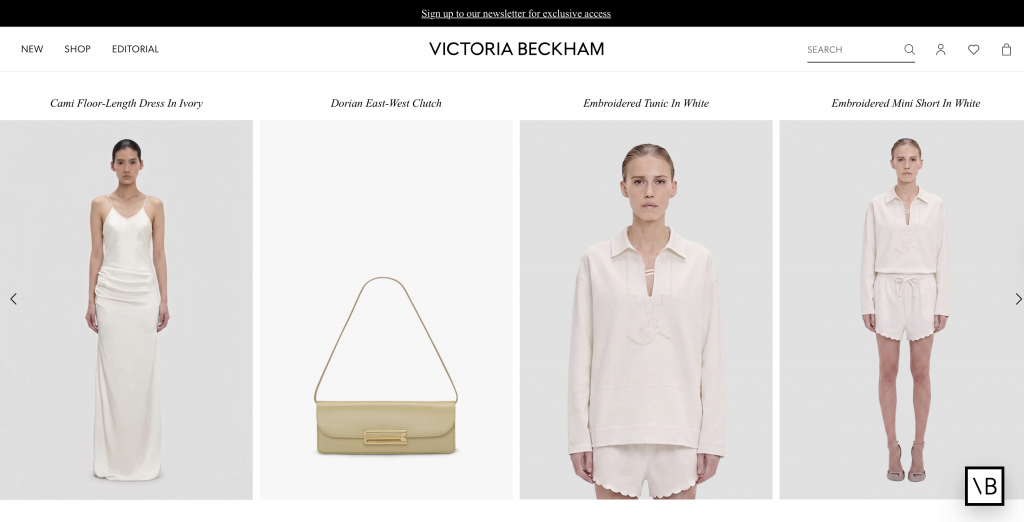 Victoria Beckham's website is another great example of shopify website