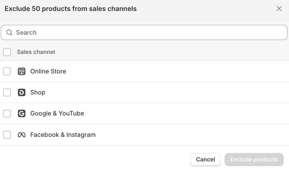 exclude products from shopify sales channels