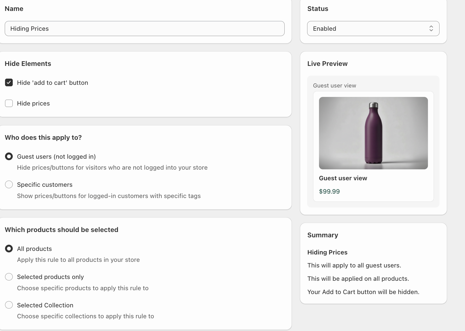 Hide add-to-cart with a single click