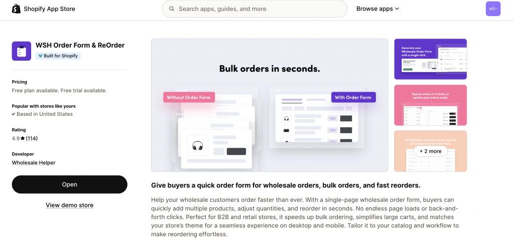 Shopify Wholesale App - WSH Order Form and ReOrder App