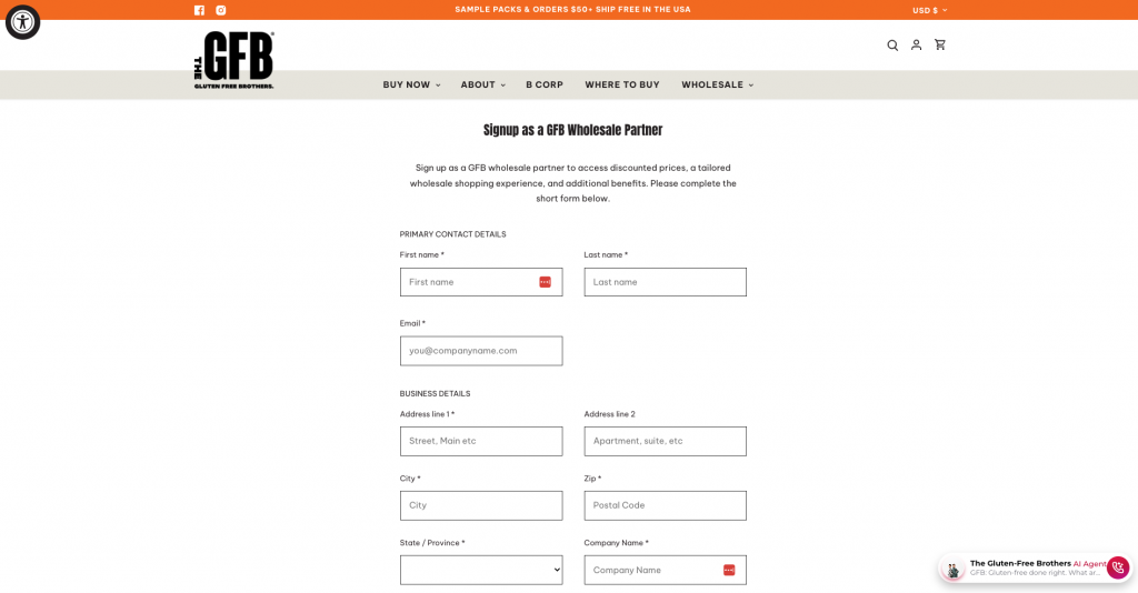 Shopify B2B signup form - The Gluten Free Bar store