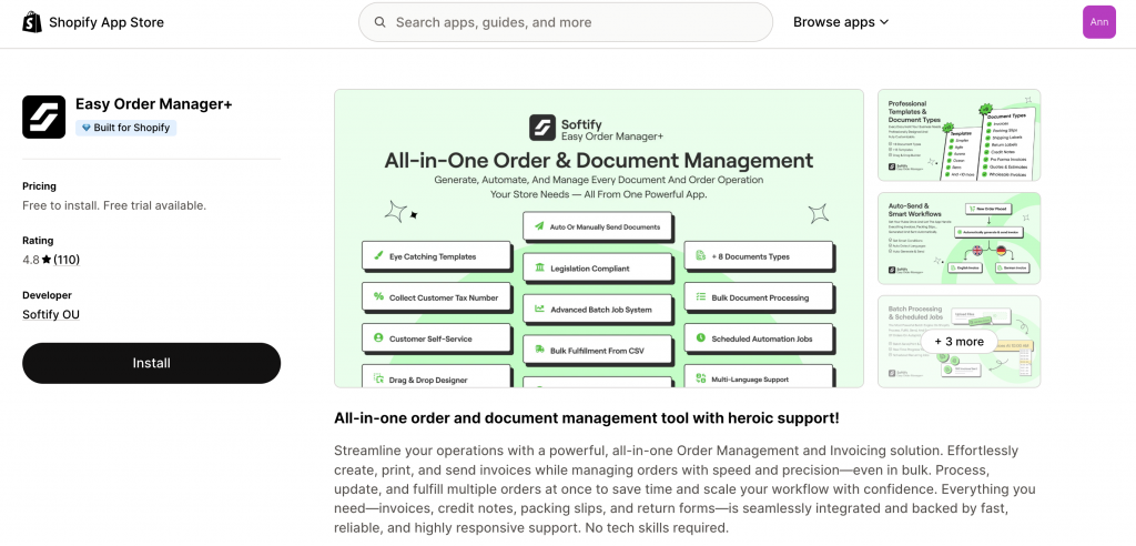 Easy Order Manager+ Shopify Invoice Apps