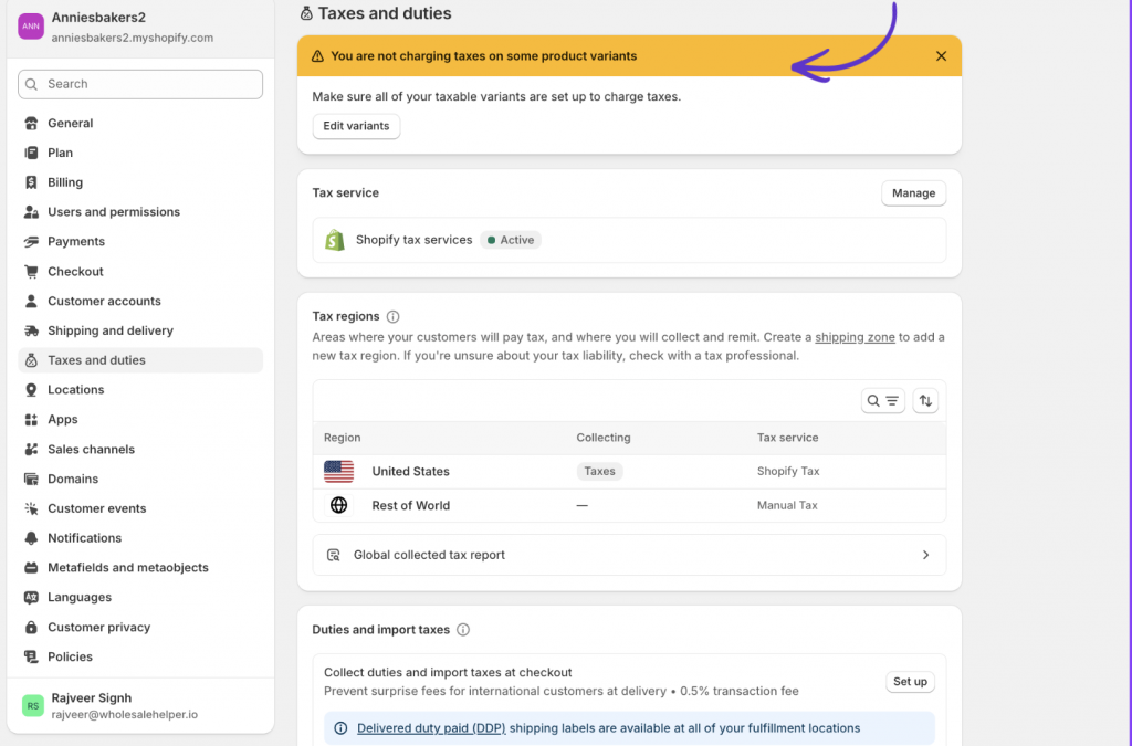 screenshot showing shopify's notification when you are not charging tax on certain products