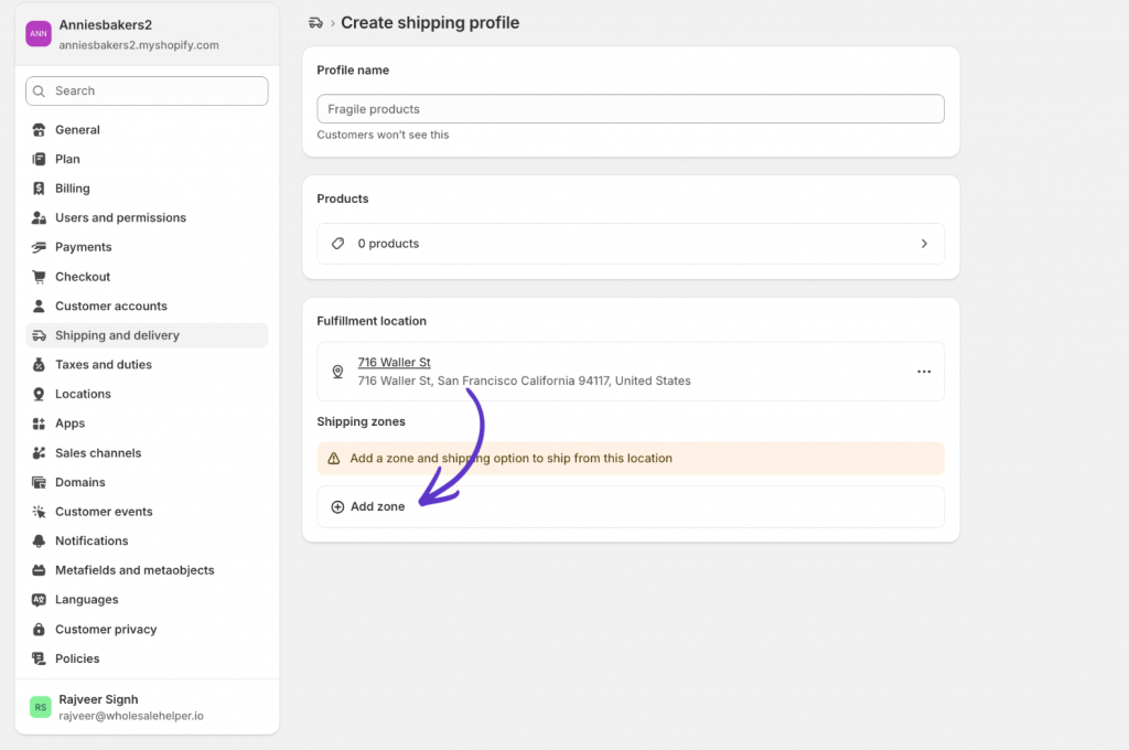 a screenshot showing how to add shipping zones and profile for adding tax countries in shopify tax and duties setting section