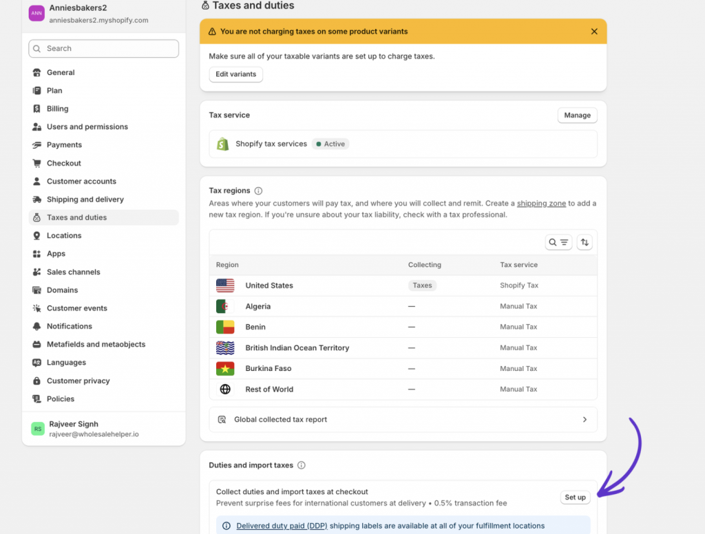 screenshot for duties and import taxes in shopify