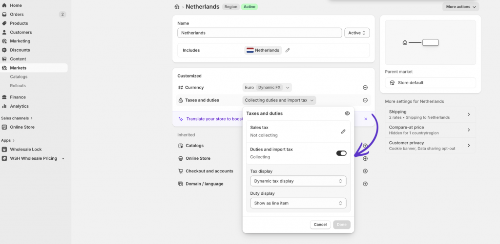 a screenshot for tax settings in Shopify markets