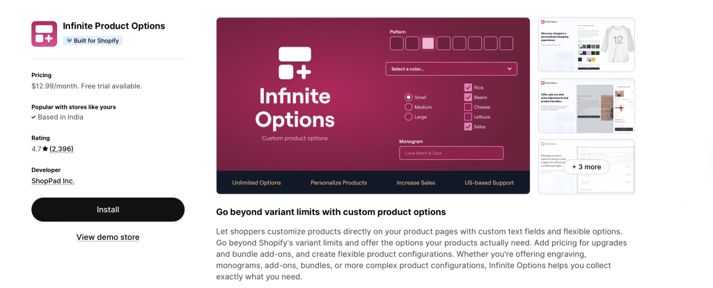 
Infinite Product Options Shopify app