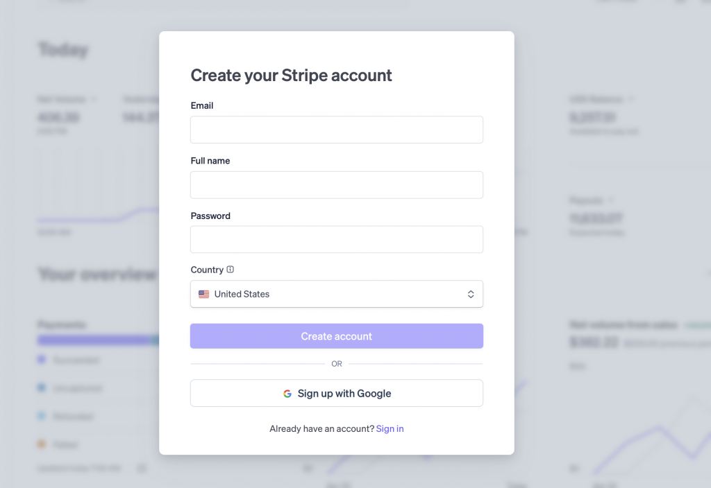 create a stripe account