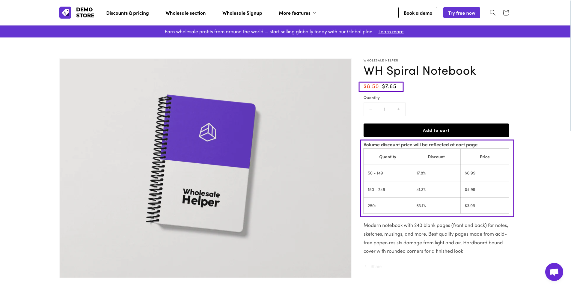 Wholesale Discounts on a Products Page created using Wholesale Pricing Discount B2B app