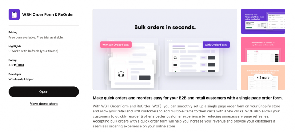 WSH Order Form & ReOrder app
