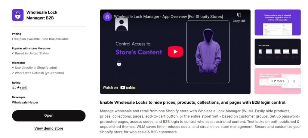 Wholesale Lock Manager app in Shopify app store