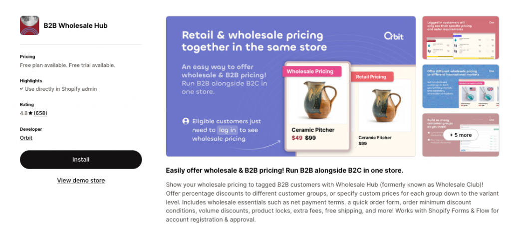 B2B Wholesale Hub app in Shopify app store