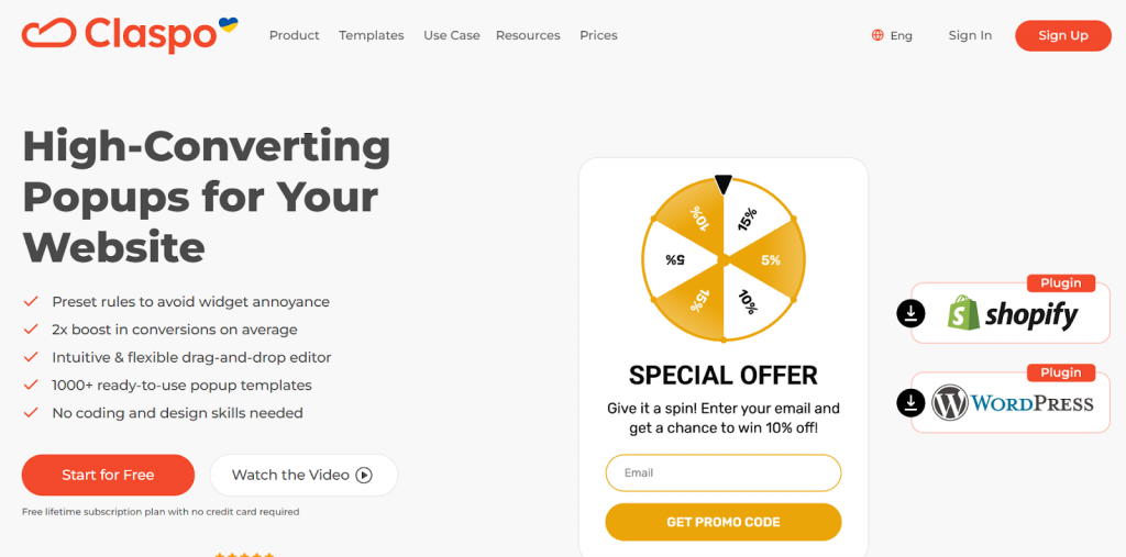 Claspo popup builder app to display discounts on Shopify