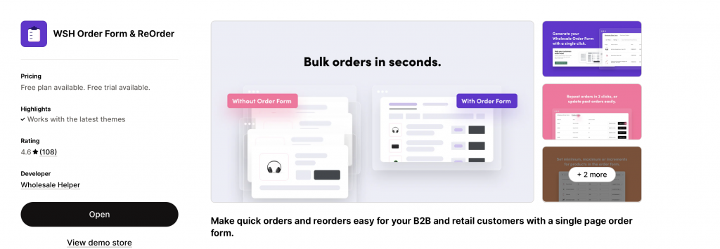 WSH Order Form and ReOrder app for setting up a dealer or distributor portal on Shopfiy