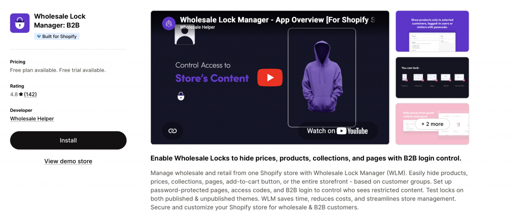 Wholesale Lock Manager B2B App screenshot that helps create a private section to setup a dealer portal on shopify