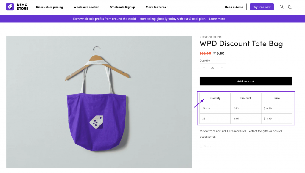 Visual representation of a product page on Shopify that is displaying Shopify tiered pricing and volume discount in a table metrix format, just below the Add to Cart button.