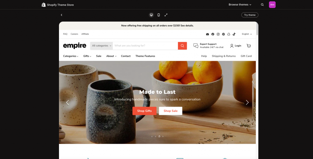 Best Shopify B2B themes #5 Empire