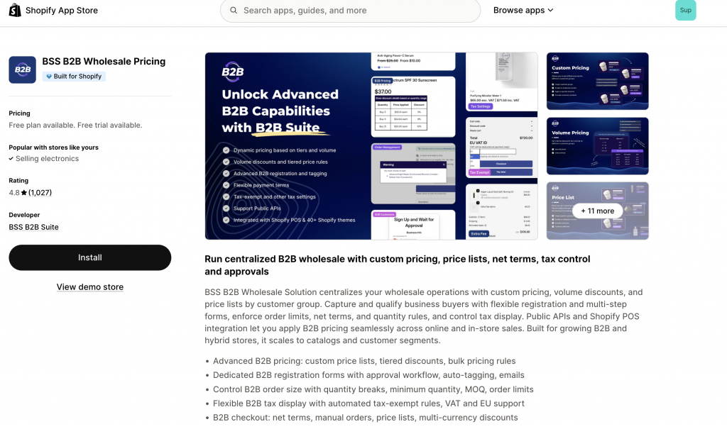 dashboard screenshot for the BSS B2B Wholesale Pricing app - bss b2b wholesale solution vs wholesale pricing discount b2b