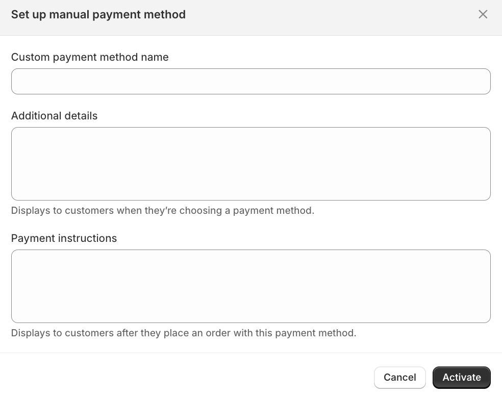 Creating manual payment method in Shopify