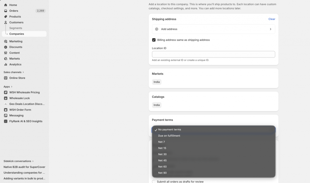 setting up payment terms on Shopify using native b2b features