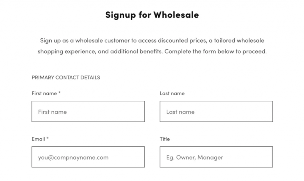 wholesale sign up form  to process wholesale orders for clothing stores
