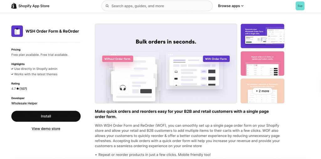 wsh order form & reorder app for fast ordering when users place orders including mix and match discounts on shopify store