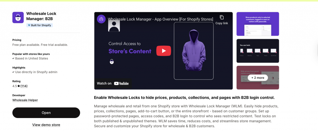 wholesale lock manager b2b app for setting up login to view price on shopify store