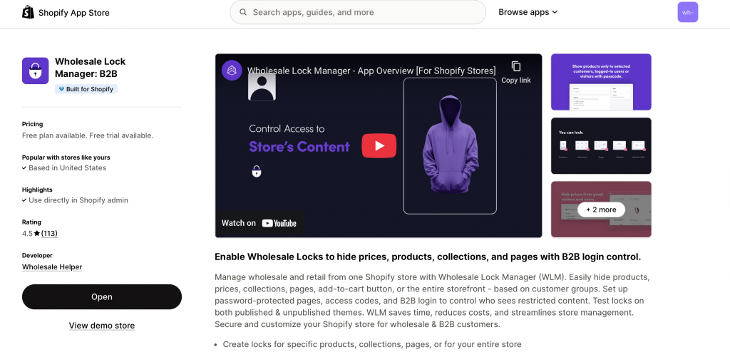 wholesale lock manager b2b app on Shopify app store to hide content like pricing, pages, etc. since Shopify Script is retiring