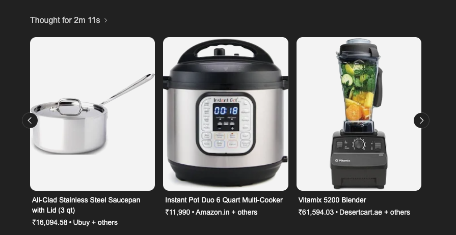 example product carousel result in ChatGPT for searched query related to the kitchen items