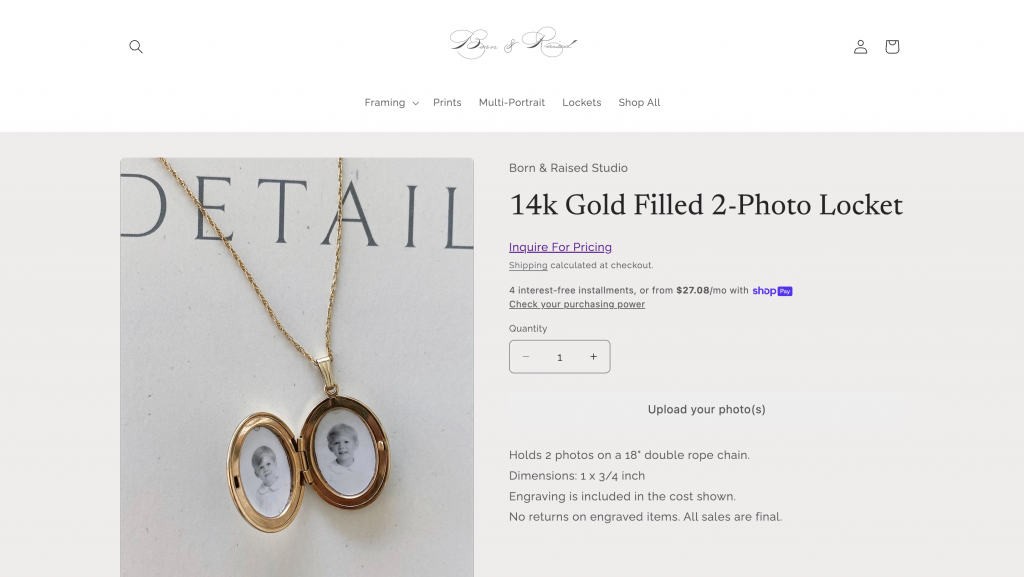 Born & Raised Studio product page showing a 14k gold-filled oval locket with an “Inquire for Pricing” button instead of “Add to cart,” prompting customers to request pricing via a form.