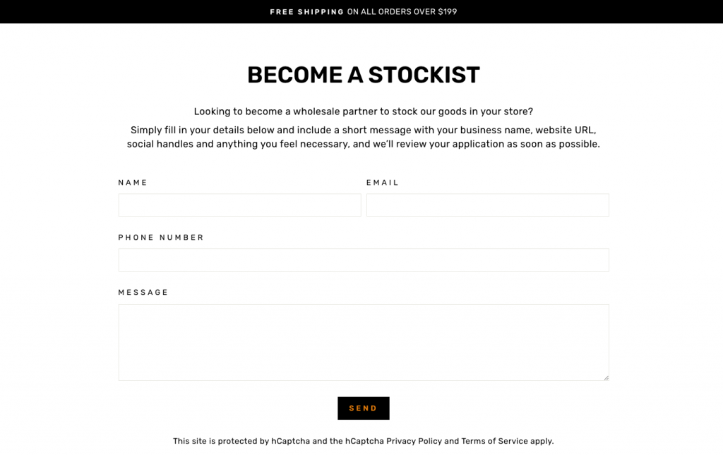 An example of Become a stockist application form on a Shopify store