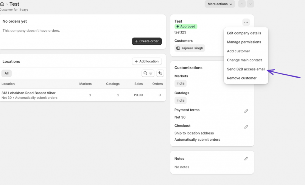 sending access to customers after creating a b2b catalogue in shopify