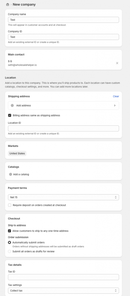 details you can set up for companies while setting up b2b accounts in native shopify b2b