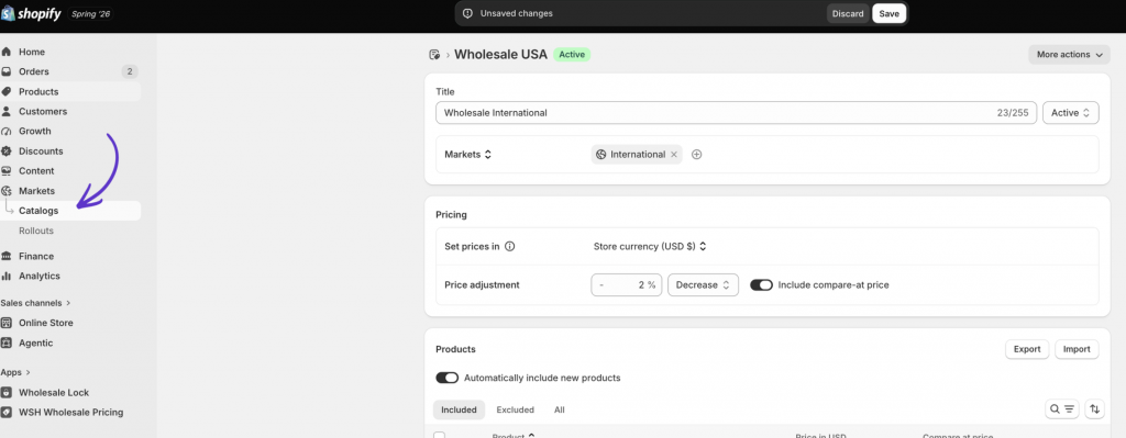 screenshot of a shopify b2b catalogue