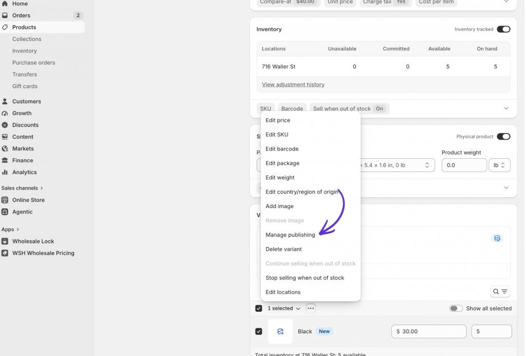 steps to hide proudct variants by market or b2b catalogue on shopify