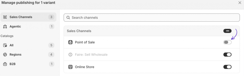steps to hide proudct variants by market or b2b catalogue on shopify